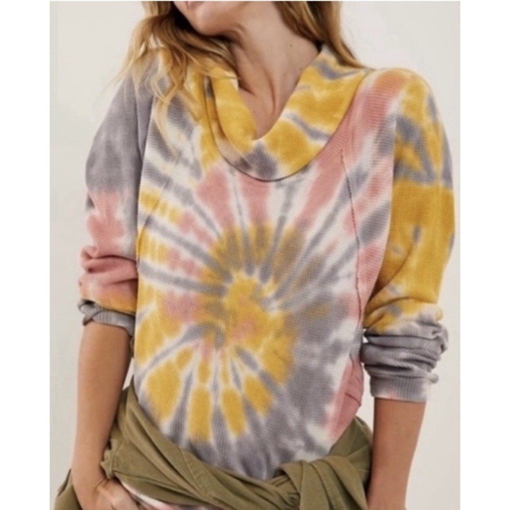 Anthropologie Pilcro Angie Waffle Knit Thermal Cowl Neck Top Tie Dye M Artsy